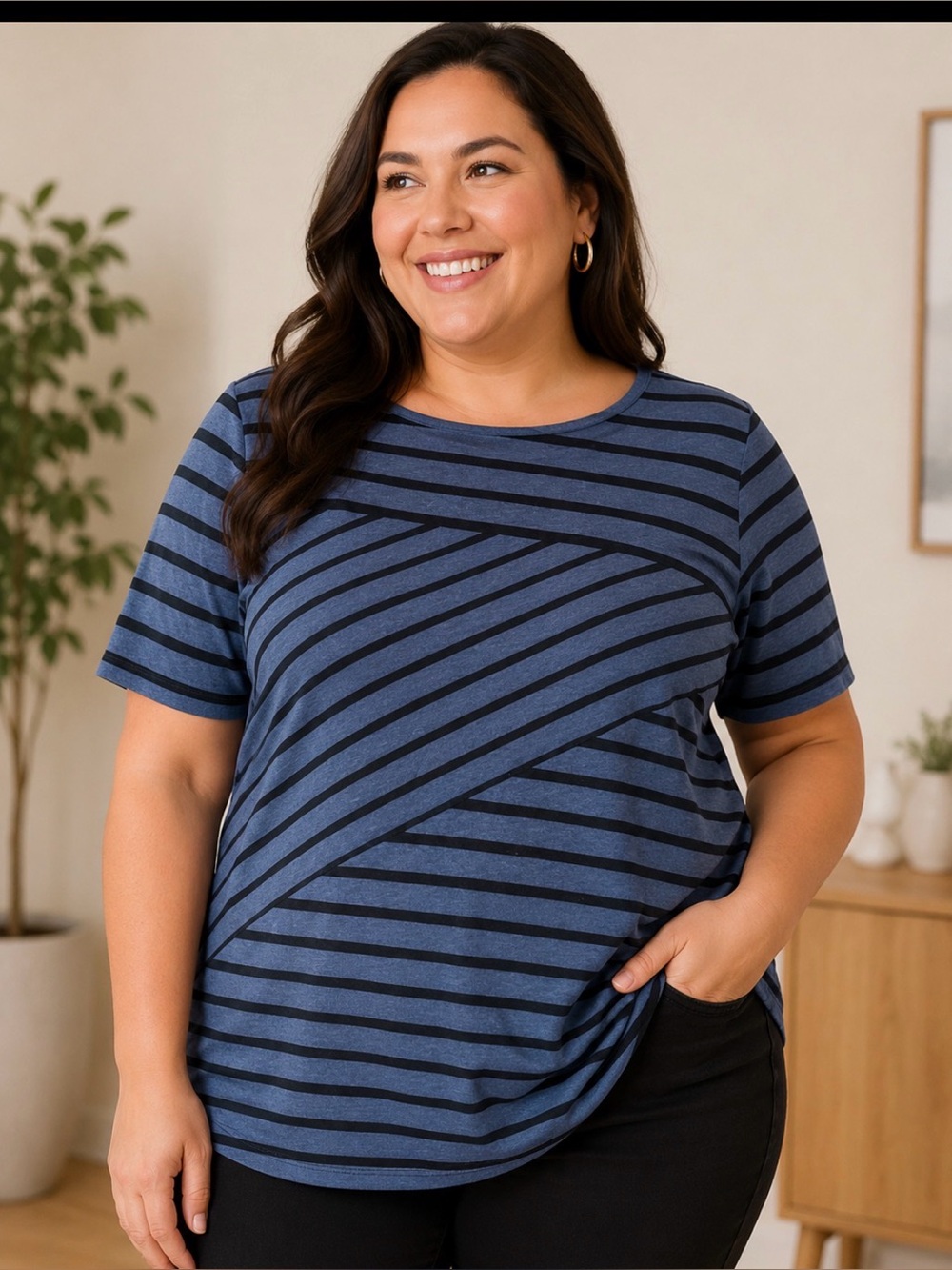 Karen Scott Blue & Black Diagonal Stripe Short Sleeve Tee Size 1X
